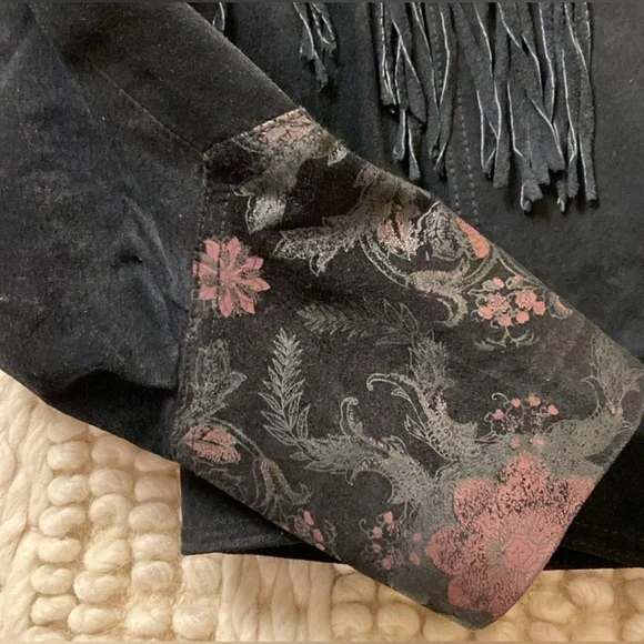 Vintage Cosa Nova Black Suede Leather Fringe Bomber Coat with Floral Print M L - Picture 7 of 12
